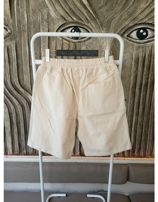 Ham Keten Krem Cepli Beli Lastikli & Bağcıklı Erkek Şort