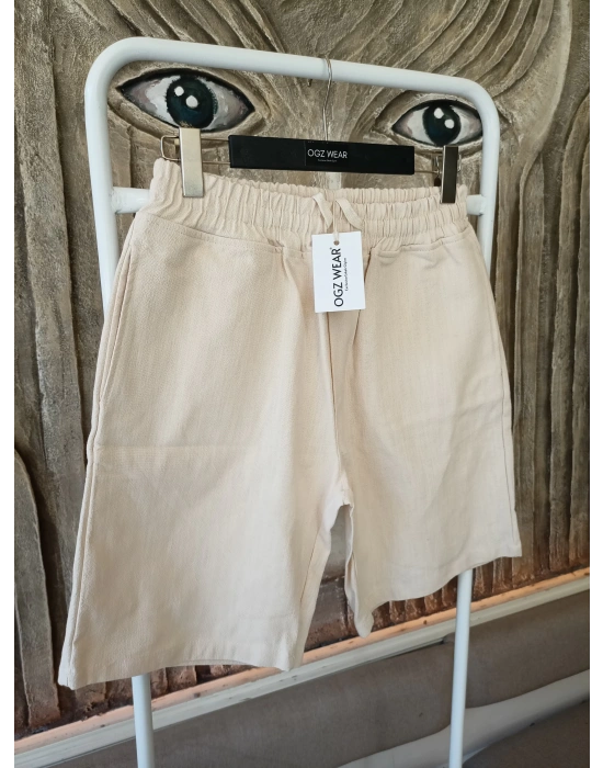 Ham Keten Krem Cepli Beli Lastikli & Bağcıklı Erkek Şort