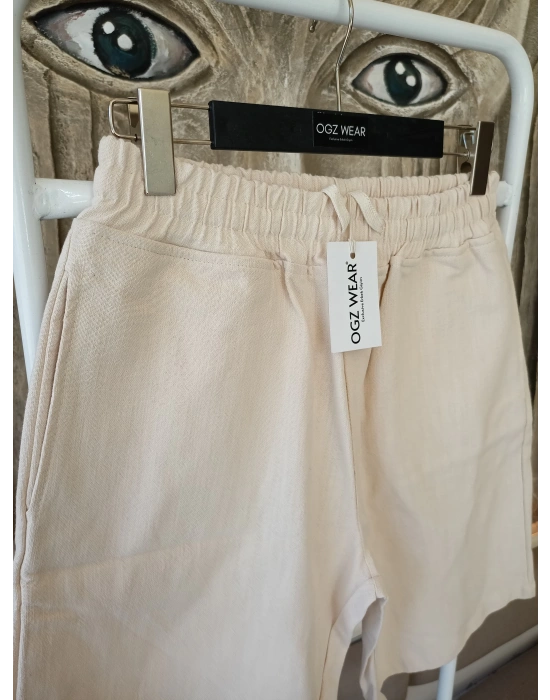 Ham Keten Krem Cepli Beli Lastikli & Bağcıklı Erkek Şort