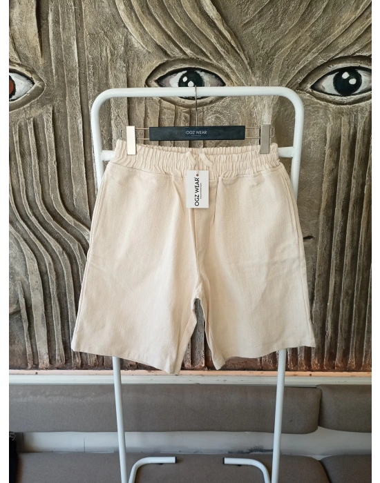 Ham Keten Krem Cepli Beli Lastikli & Bağcıklı Erkek Şort