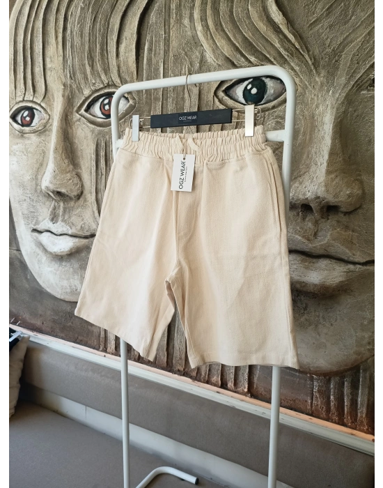 Ham Keten Krem Cepli Beli Lastikli & Bağcıklı Erkek Şort