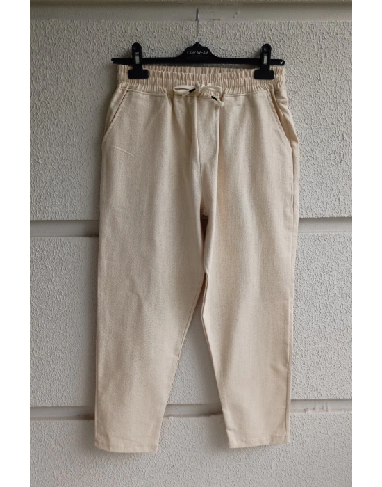 Ham Keten Krem Premium Kumaş Krem Boyfriend Kalıp Pantolon