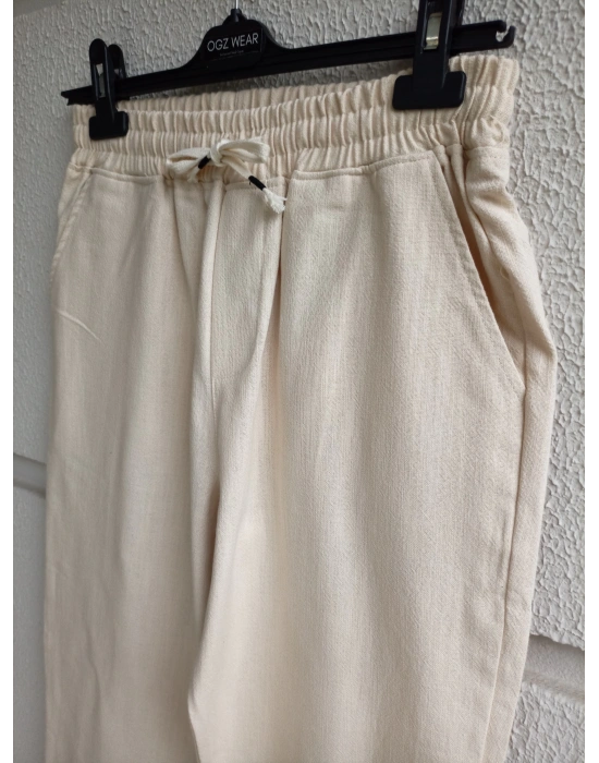 Ham Keten Krem Premium Kumaş Krem Boyfriend Kalıp Pantolon