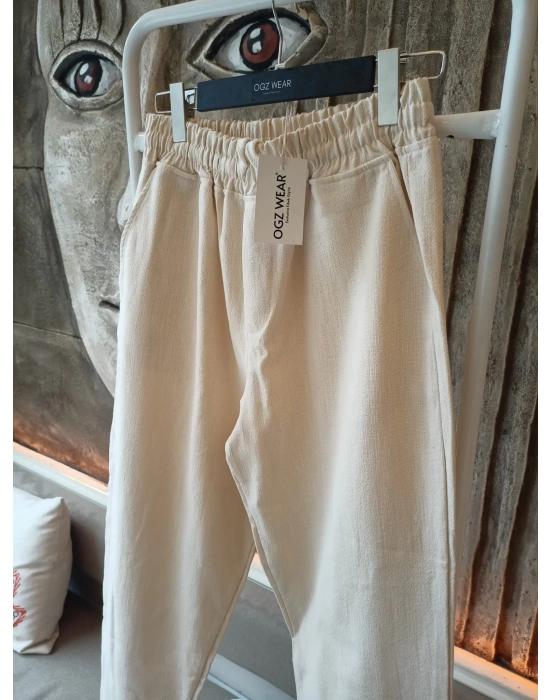 Ham Keten Krem Premium Kumaş Krem Boyfriend Kalıp Pantolon