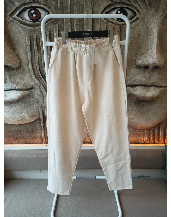 Ham Keten Krem Premium Kumaş Krem Boyfriend Kalıp Pantolon