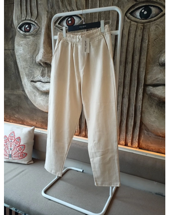 Ham Keten Krem Premium Kumaş Krem Boyfriend Kalıp Pantolon