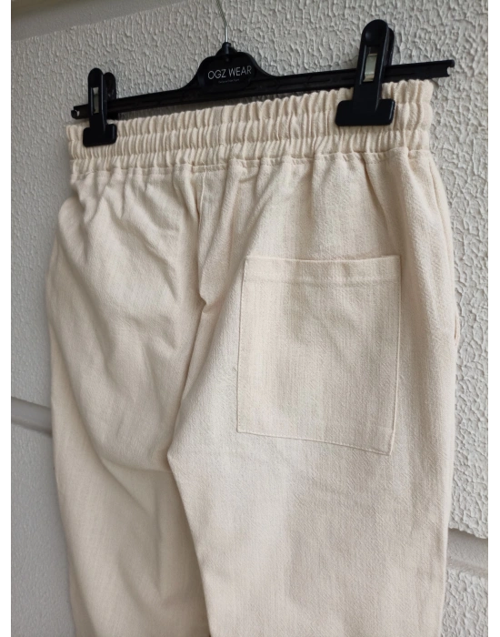 Ham Keten Krem Premium Kumaş Krem Boyfriend Kalıp Pantolon