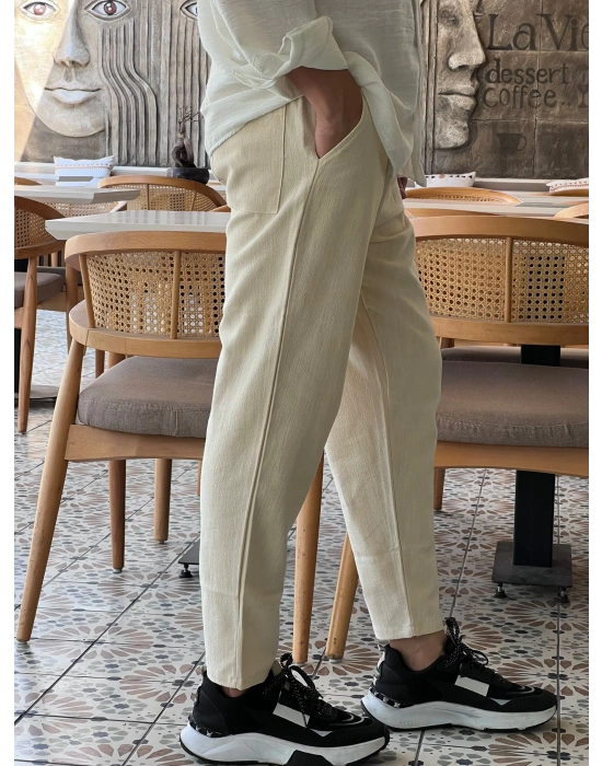 Ham Keten Krem Premium Kumaş Krem Boyfriend Kalıp Pantolon