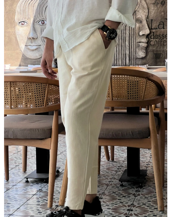 Ham Keten Krem Premium Kumaş Krem Boyfriend Kalıp Pantolon