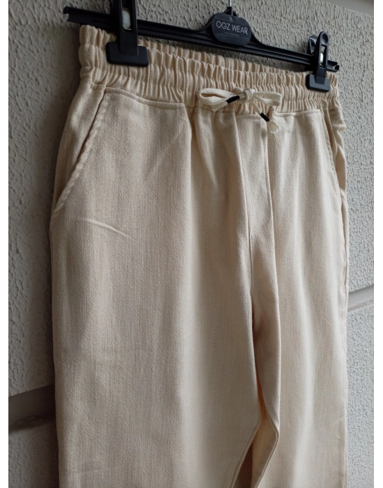 Ham Keten Krem Premium Kumaş Krem Boyfriend Kalıp Pantolon