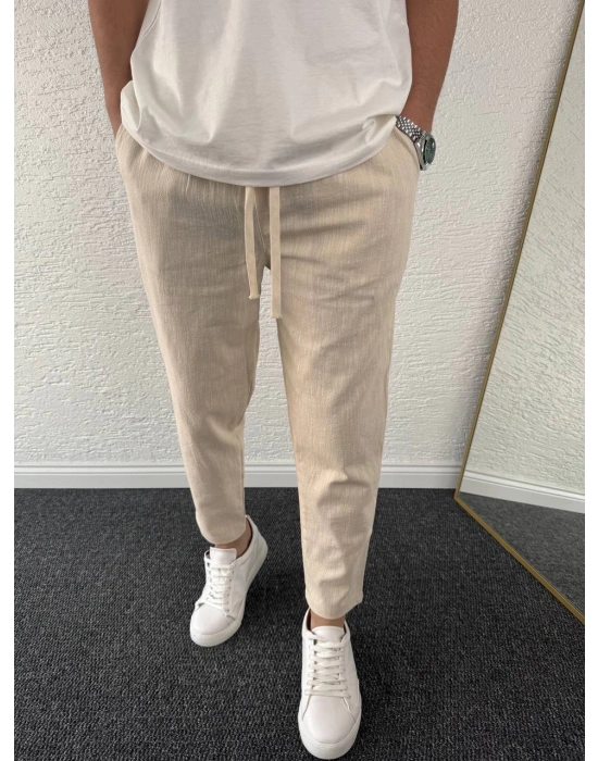 Ham Keten Krem Premium Kumaş Krem Boyfriend Kalıp Pantolon