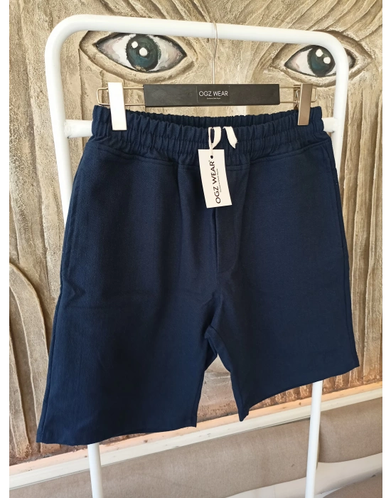 Ham Keten Lacivert Cepli Beli Lastikli & Bağcıklı Erkek Şort