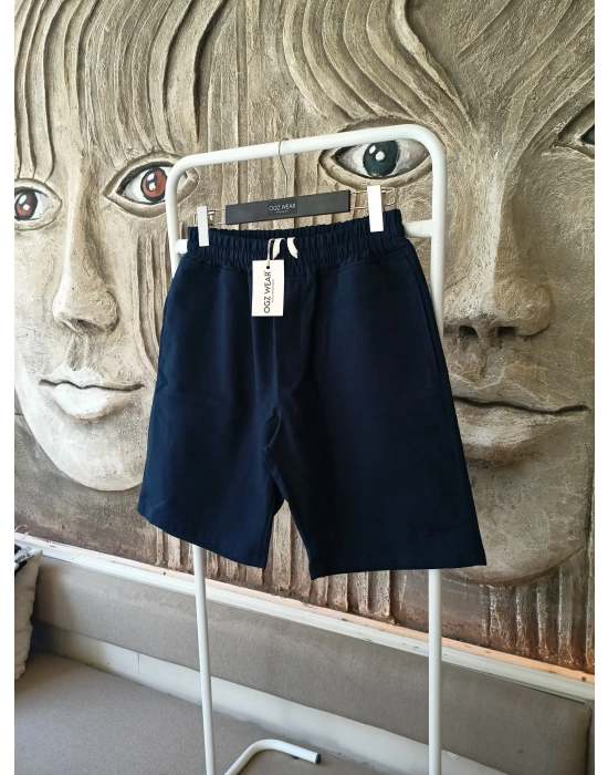 Ham Keten Lacivert Cepli Beli Lastikli & Bağcıklı Erkek Şort