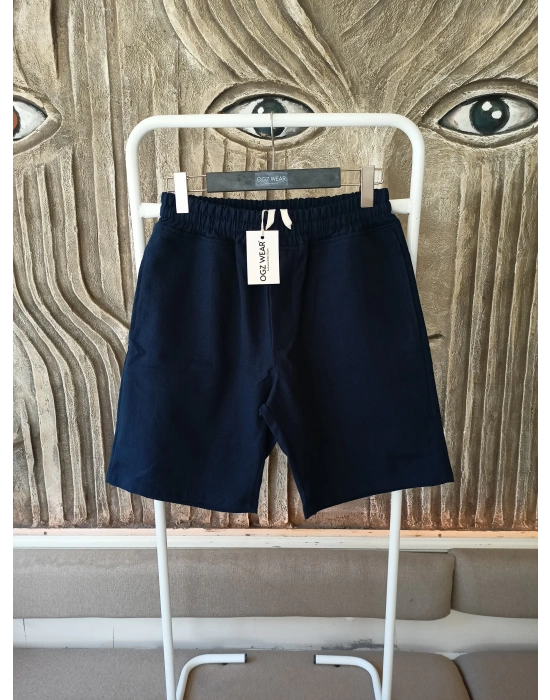 Ham Keten Lacivert Cepli Beli Lastikli & Bağcıklı Erkek Şort