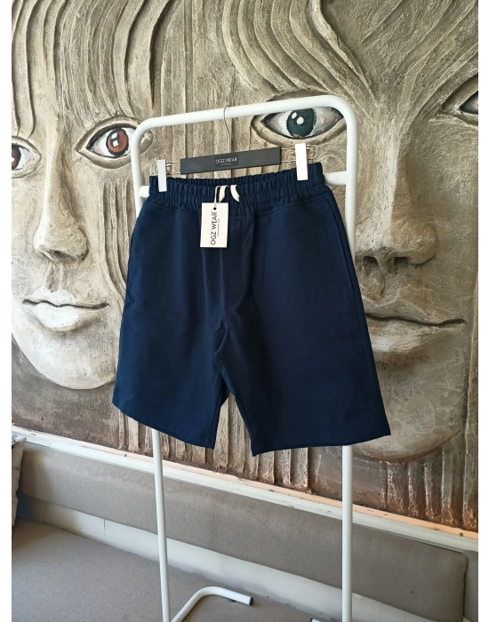 Ham Keten Lacivert Cepli Beli Lastikli & Bağcıklı Erkek Şort
