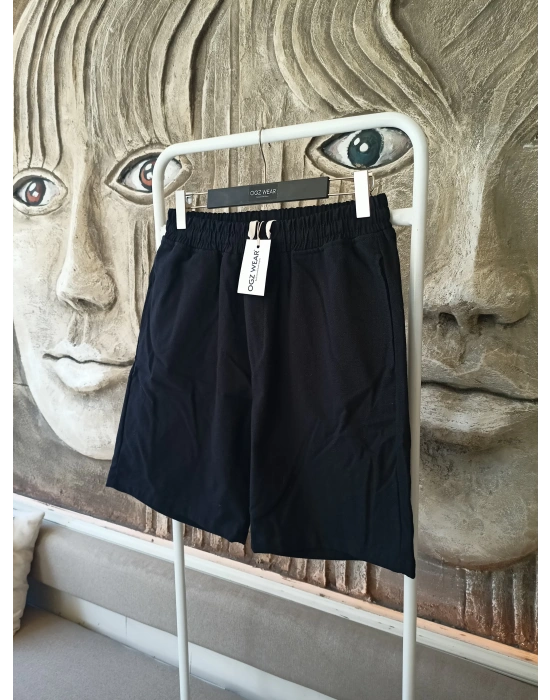 Ham Keten Siyah Cepli Beli Lastikli & Bağcıklı Erkek Şort