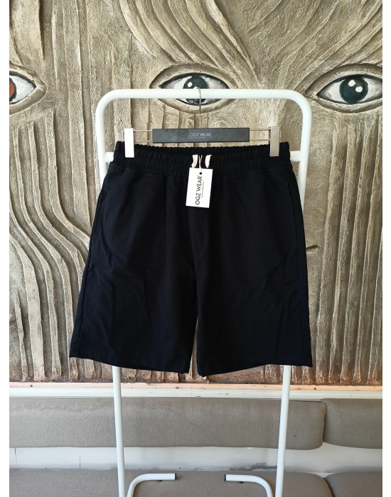 Ham Keten Siyah Cepli Beli Lastikli & Bağcıklı Erkek Şort