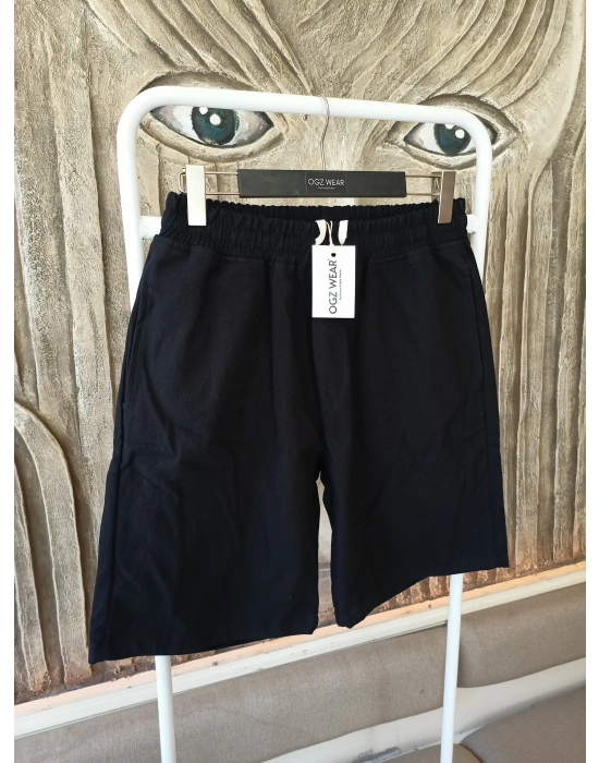 Ham Keten Siyah Cepli Beli Lastikli & Bağcıklı Erkek Şort