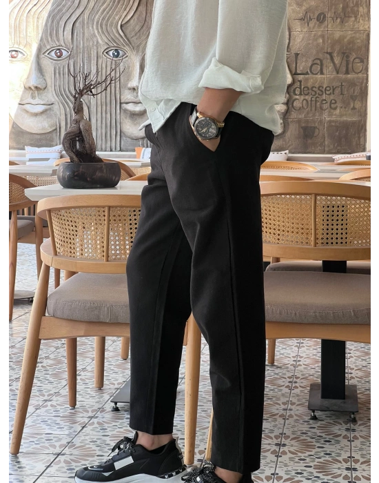 Ham Keten Siyah Premium Kumaş Krem Boyfriend Kalıp Pantolon