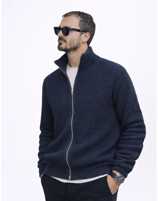 Indigo Mavi Premium Zincir Örme Çift Fermuarlı Hırka