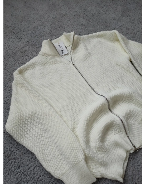 Ekru Premium Zincir Örme Çift Fermuarlı Hırka