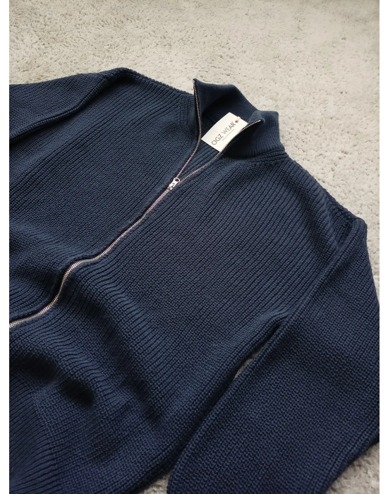 Indigo Mavi Premium Zincir Örme Çift Fermuarlı Hırka