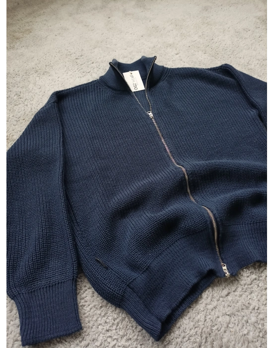 Indigo Mavi Premium Zincir Örme Çift Fermuarlı Hırka