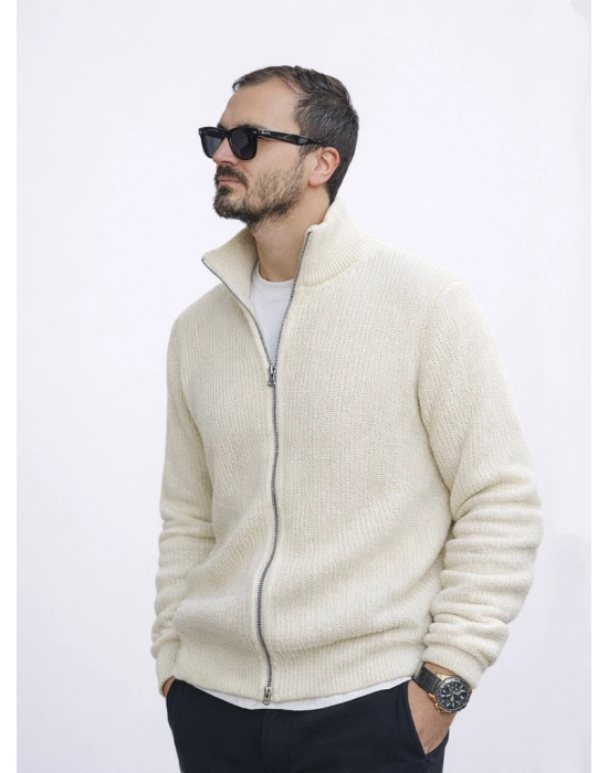 Ekru Premium Zincir Örme Çift Fermuarlı Hırka