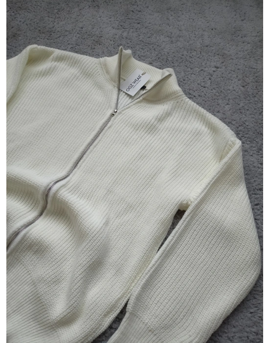 Ekru Premium Zincir Örme Çift Fermuarlı Hırka