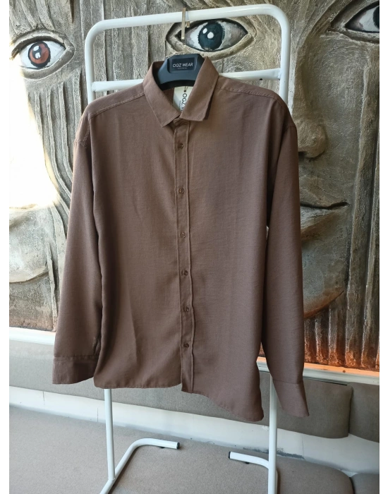 Kahve Bambu Keten Premium Kumaş Oversize Kalıp Gömlek