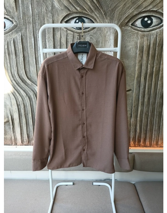 Kahve Bambu Keten Premium Kumaş Oversize Kalıp Gömlek
