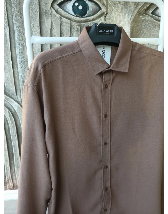 Kahve Bambu Keten Premium Kumaş Oversize Kalıp Gömlek
