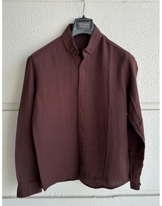 Kahve Müslin Keten Premium Kumaş Gömlek