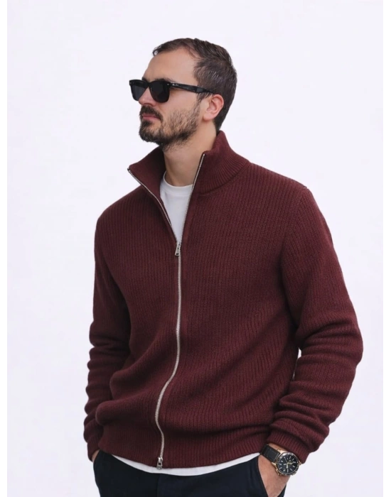 Kahverengi Premium Zincir Örme Çift Fermuarlı Hırka