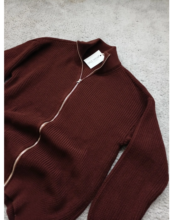 Kahverengi Premium Zincir Örme Çift Fermuarlı Hırka