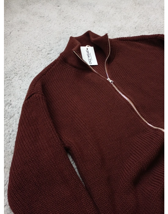 Kahverengi Premium Zincir Örme Çift Fermuarlı Hırka