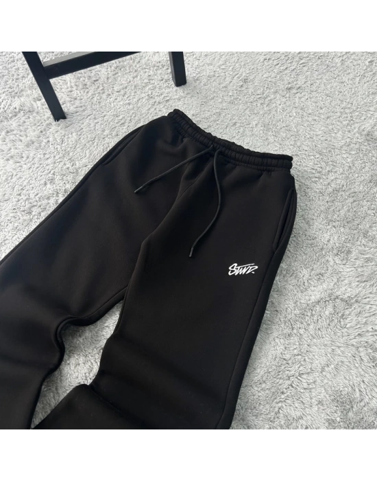 Siyah Stwd Premium Nakış Logo Detaylı Baggy Fit Eşofman Altı