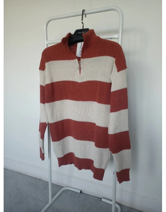 Kiremit Beyaz Çizgili Selanik Örgü Yarım Femuar Detaylı Uzun Kollu Triko