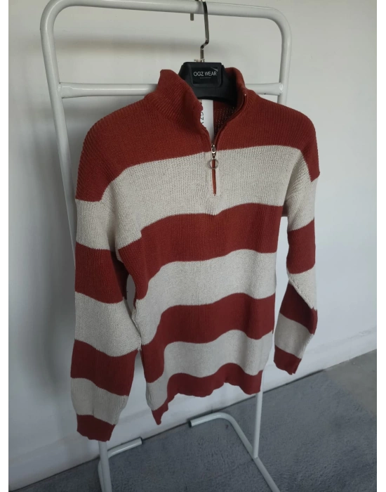 Kiremit Beyaz Çizgili Selanik Örgü Yarım Femuar Detaylı Uzun Kollu Triko