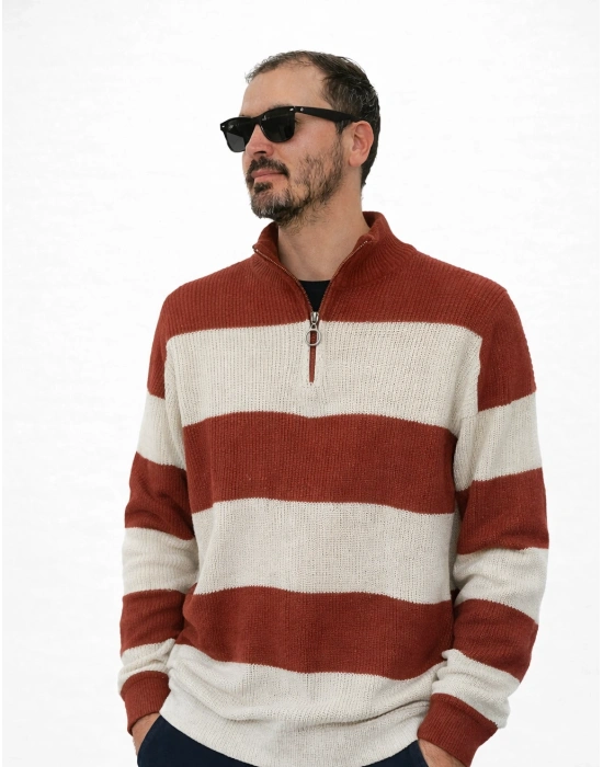 Kiremit Beyaz Çizgili Selanik Örgü Yarım Femuar Detaylı Uzun Kollu Triko