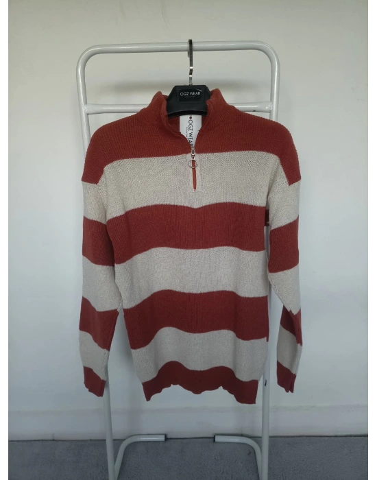 Kiremit Beyaz Çizgili Selanik Örgü Yarım Femuar Detaylı Uzun Kollu Triko