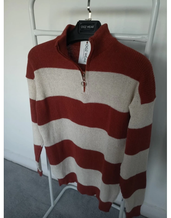 Kiremit Beyaz Çizgili Selanik Örgü Yarım Femuar Detaylı Uzun Kollu Triko