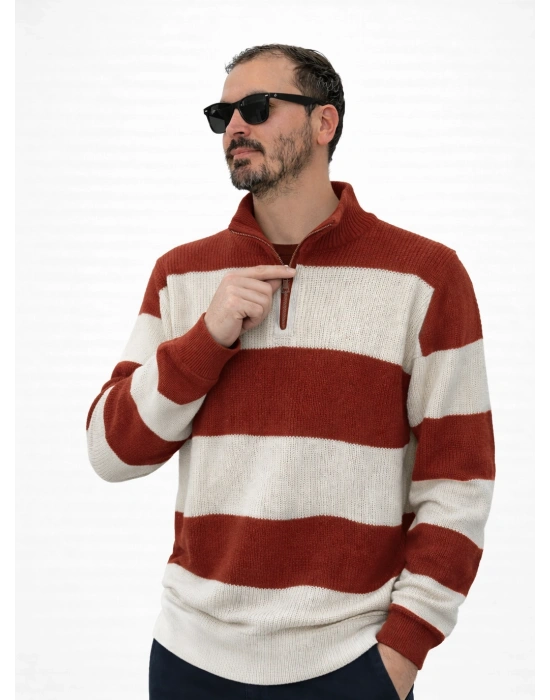 Kiremit Beyaz Çizgili Selanik Örgü Yarım Femuar Detaylı Uzun Kollu Triko