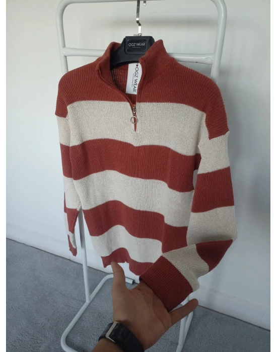 Kiremit Beyaz Çizgili Selanik Örgü Yarım Femuar Detaylı Uzun Kollu Triko