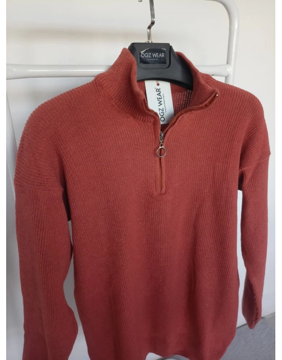 Kiremit Selanik Örgü Yarım Femuar Detaylı Uzun Kollu Triko