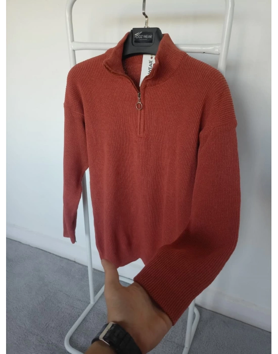 Kiremit Selanik Örgü Yarım Femuar Detaylı Uzun Kollu Triko