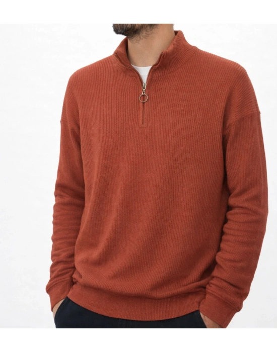 Kiremit Selanik Örgü Yarım Femuar Detaylı Uzun Kollu Triko