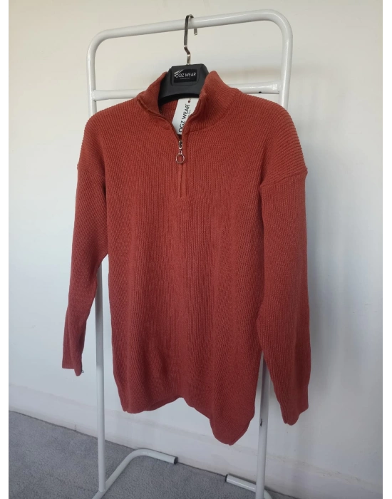 Kiremit Selanik Örgü Yarım Femuar Detaylı Uzun Kollu Triko