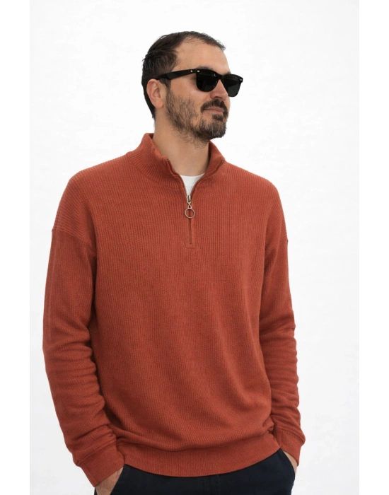 Kiremit Selanik Örgü Yarım Femuar Detaylı Uzun Kollu Triko