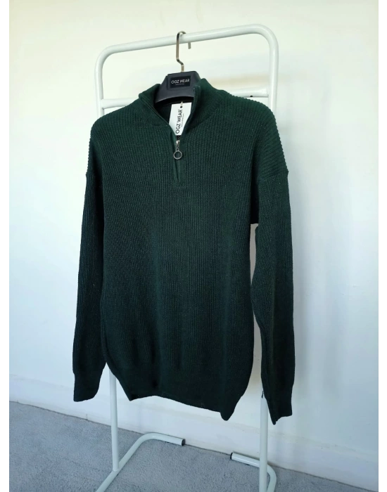 Koyu Yeşil Selanik Örgü Yarım Femuar Detaylı Uzun Kollu Triko